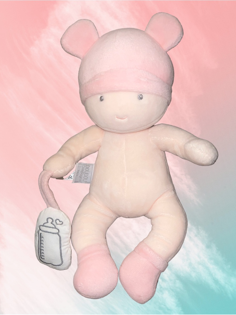JoLijou Paris Doudou Newborn Soft Body Baby Plush Doll Pink  W/ Bottle 10”